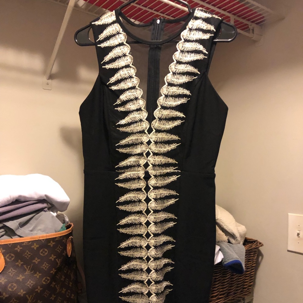 Low cut mesh, gold & black cocktail dress